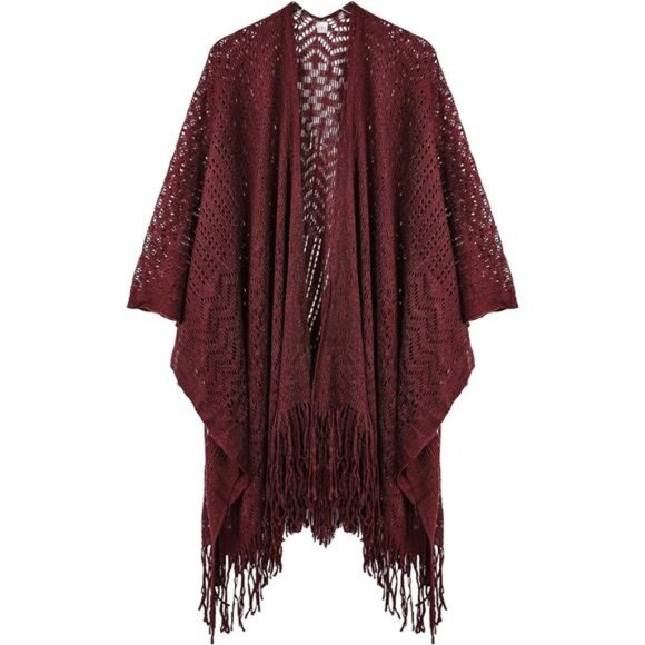 Knit Shawl Wraps Tassel Open Front Wine Red Scarves Wraps